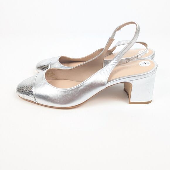 Stuart Weitzman Milla Silver Block Heel Slingback Pumps Size 7 - Picture 5 of 9